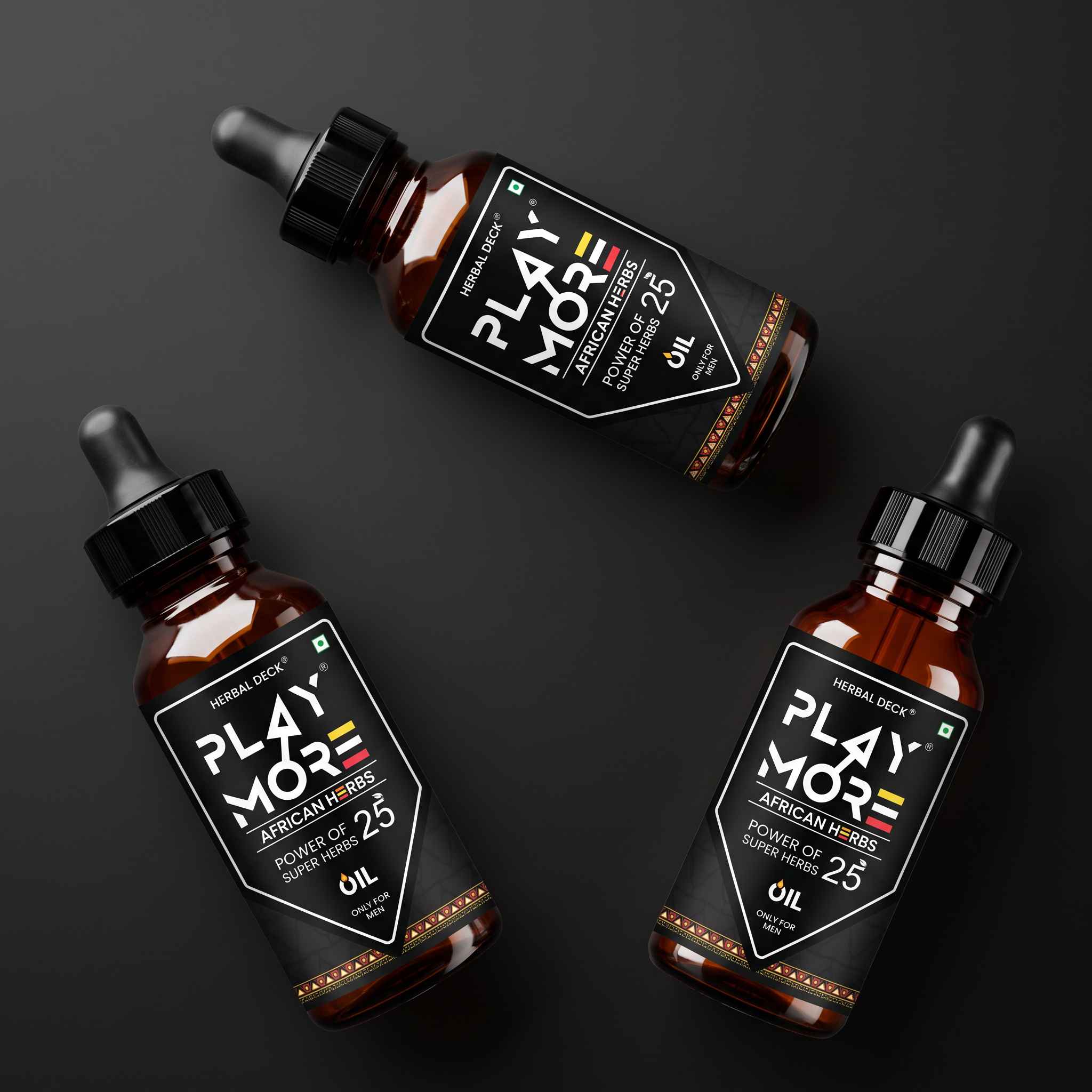 Play More herbal oil in a dark premium studio setting